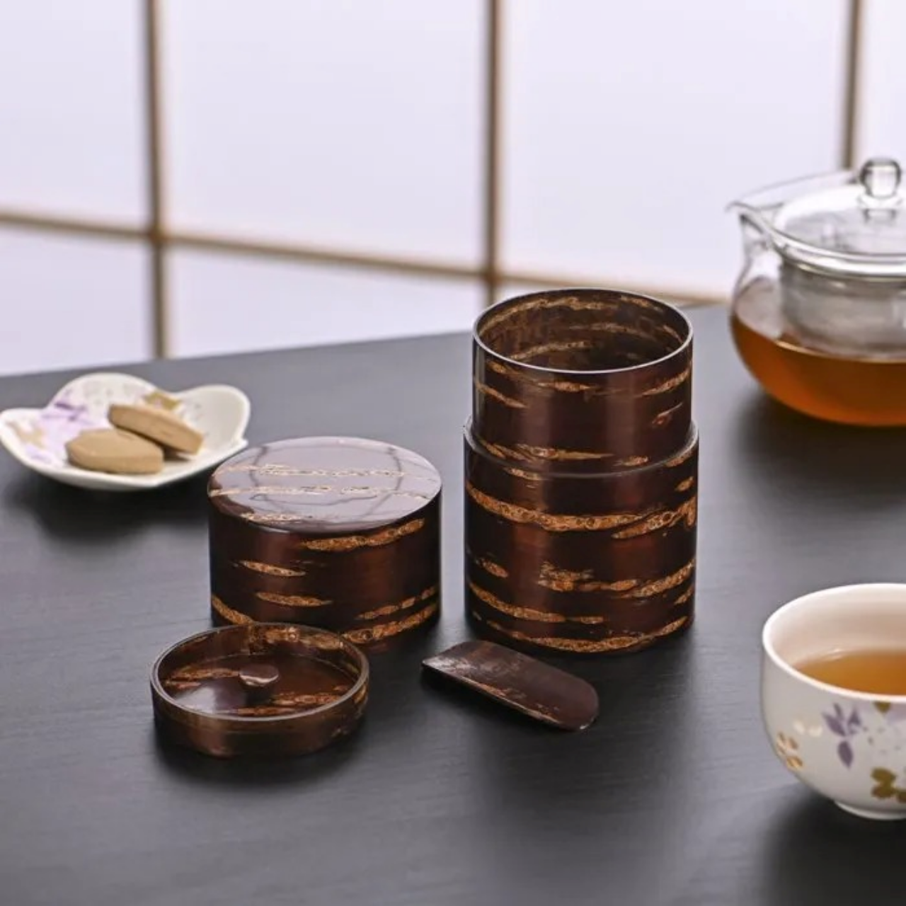 茶具 树皮茶叶罐 大 光滑樱皮 樱皮细工 木工艺品