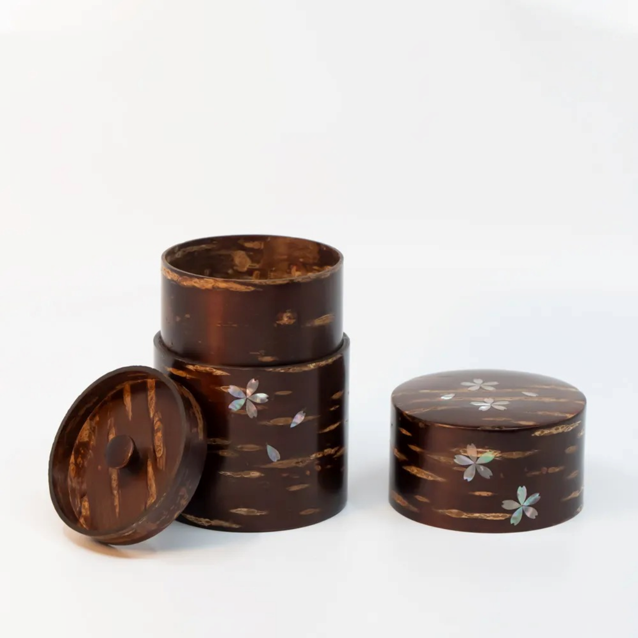 茶具 树皮茶叶罐 大 螺钿 樱S 樱皮细工 木工艺品