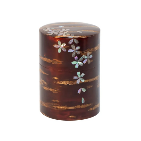 茶具 树皮茶叶罐 大 光滑樱皮 螺钿 樱吹雪 樱皮细工 木工艺品