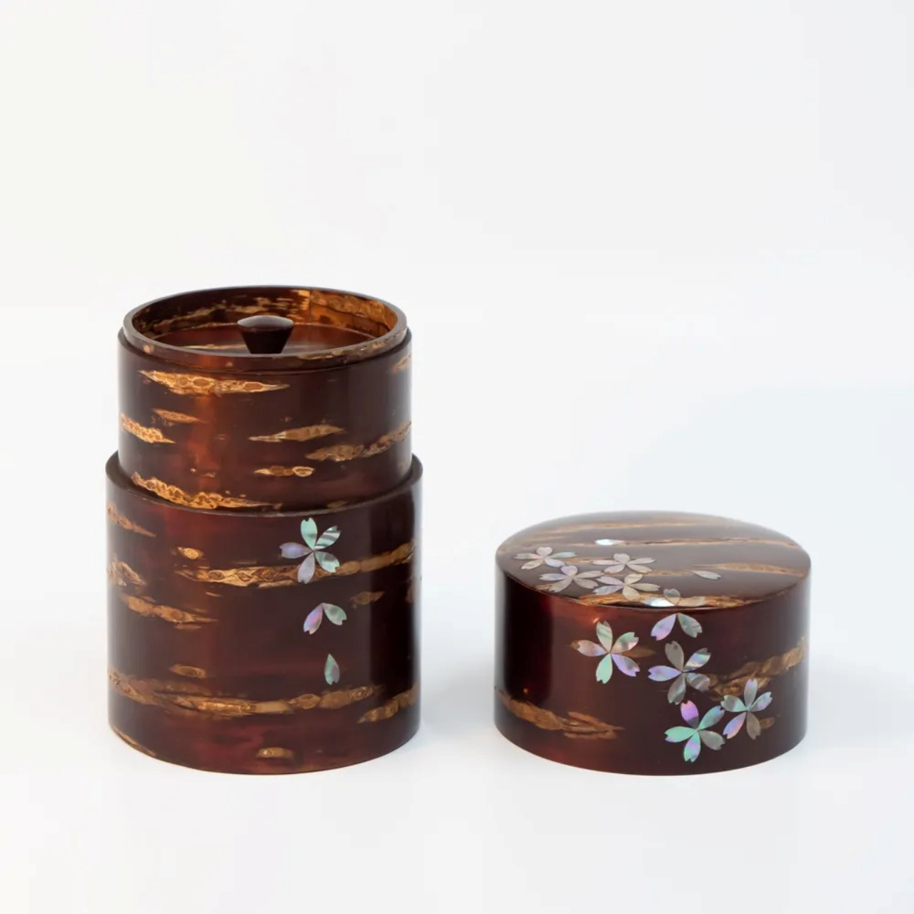 茶具 树皮茶叶罐 大 光滑樱皮 螺钿 樱吹雪 樱皮细工 木工艺品