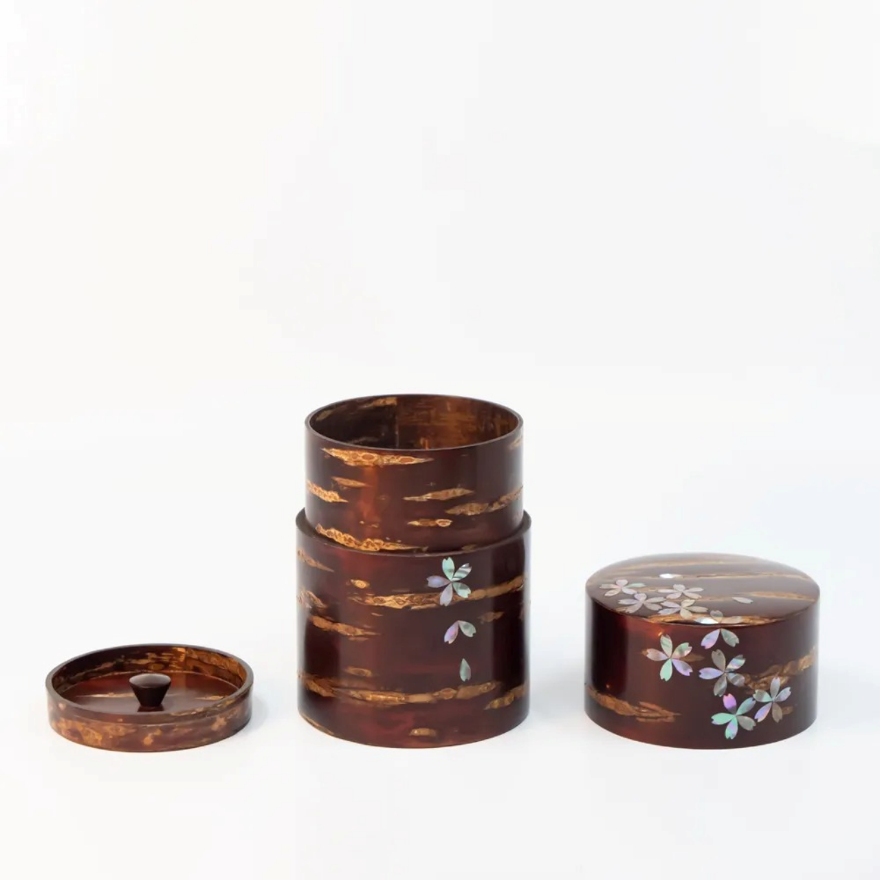 茶具 树皮茶叶罐 大 光滑樱皮 螺钿 樱吹雪 樱皮细工 木工艺品