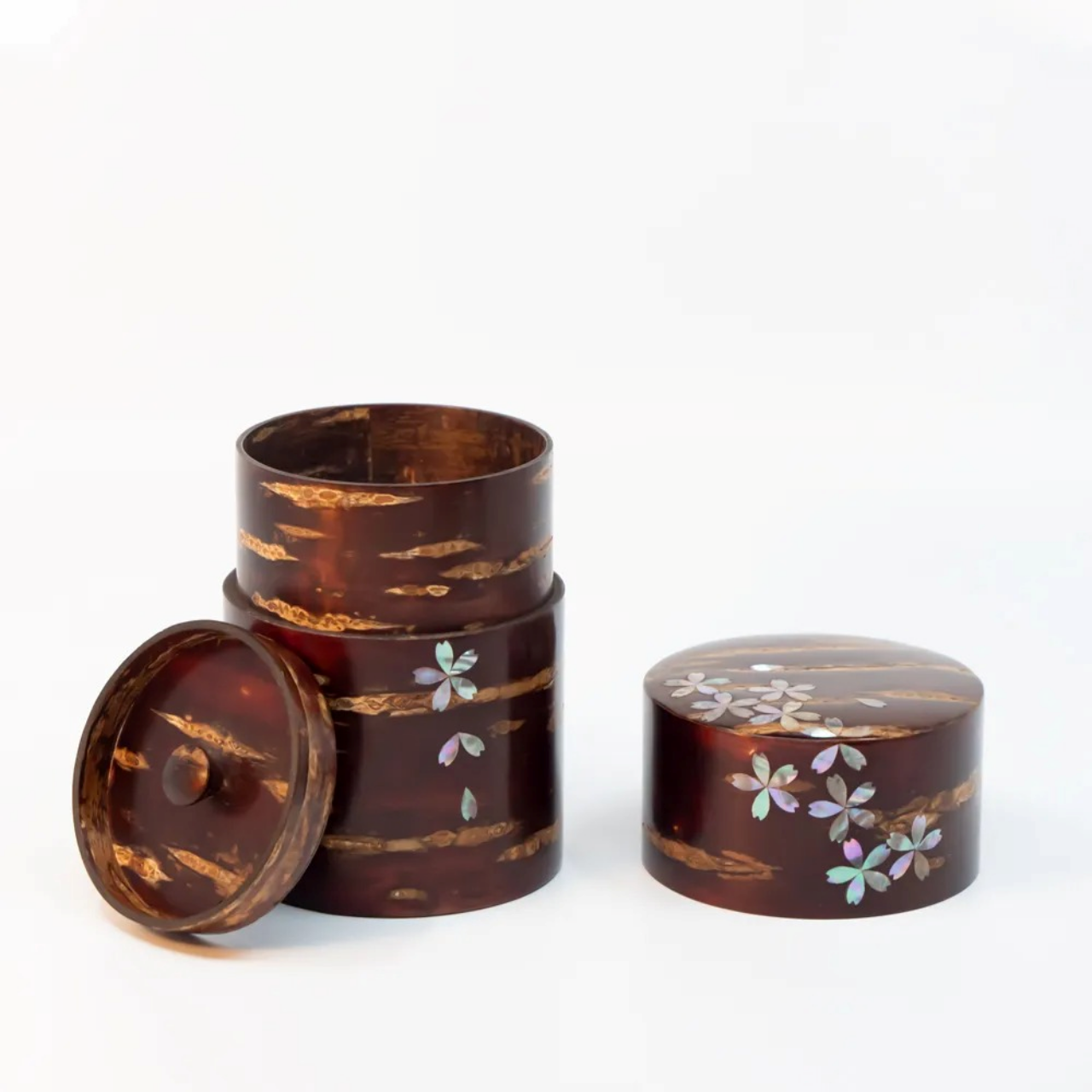 茶具 树皮茶叶罐 大 光滑樱皮 螺钿 樱吹雪 樱皮细工 木工艺品