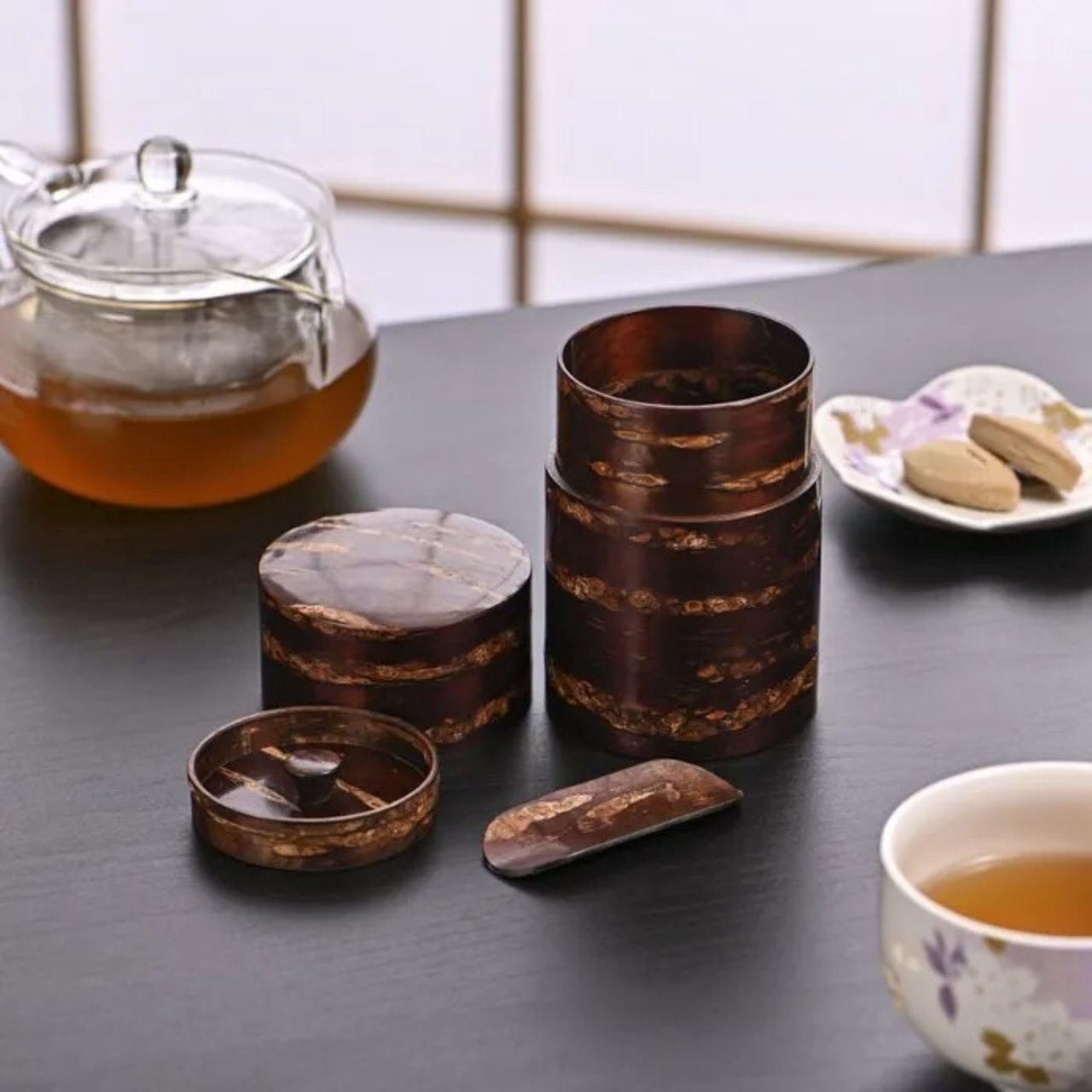 茶具 树皮茶叶罐 中 光滑樱皮 樱皮细工 木工艺品