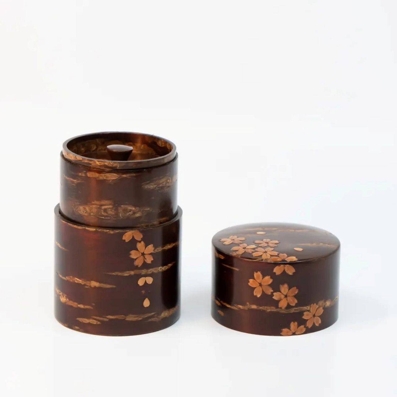 茶具 树皮茶叶罐 中 光滑樱皮 螺钿 樱吹雪 樱皮细工 木工艺品