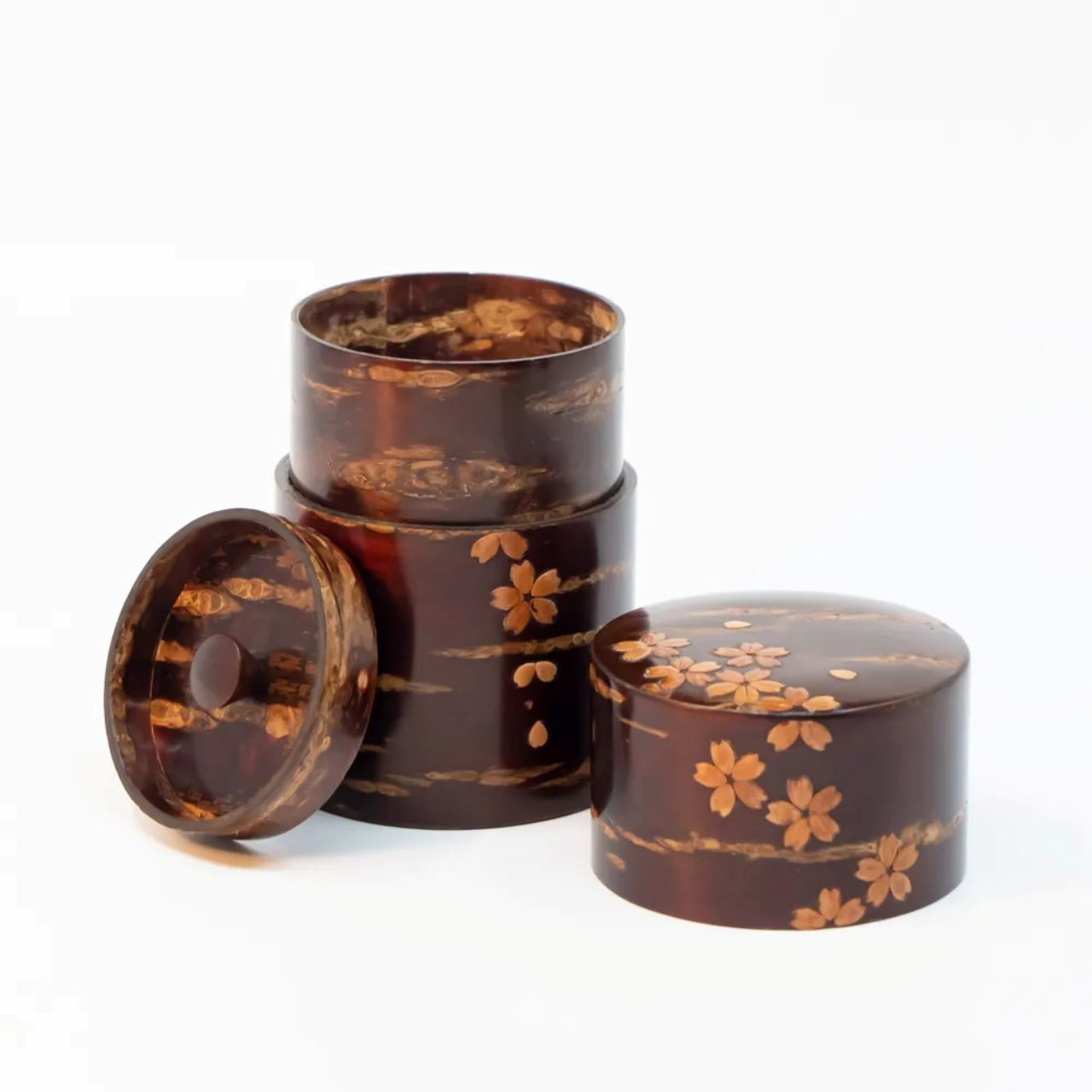 茶具 树皮茶叶罐 中 光滑樱皮 螺钿 樱吹雪 樱皮细工 木工艺品