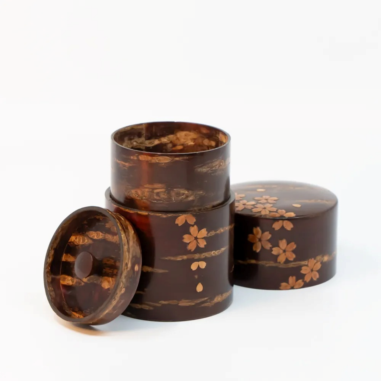 茶具 树皮茶叶罐 中 光滑樱皮 螺钿 樱吹雪 樱皮细工 木工艺品