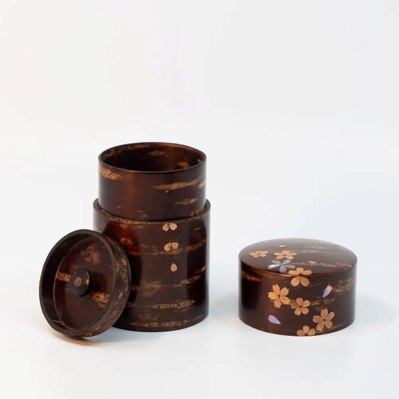 茶具 树皮茶叶罐 中 光滑樱皮 螺钿 樱皮细工 木工艺品
