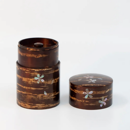 茶具 树皮茶叶罐 中 光滑樱皮 螺钿 樱S 樱皮细工 木工艺品