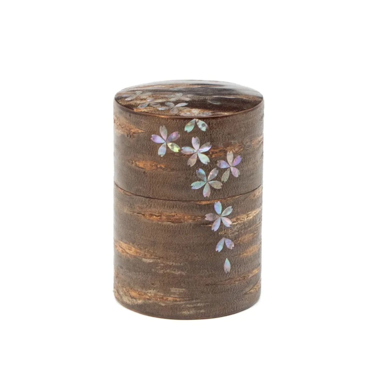 ティー用品 「総皮茶筒 大 霜降皮 螺鈿 桜吹雪」 樺細工 木工品