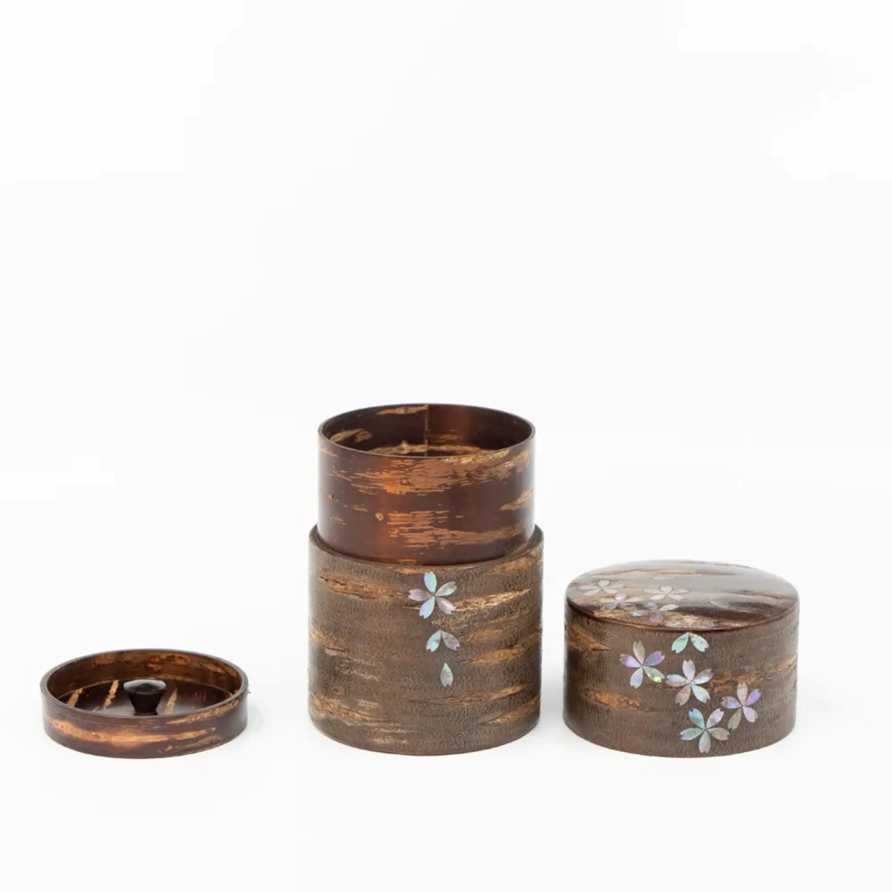 茶具 树皮茶叶罐 大 霜降樱皮 螺钿 樱吹雪 樱皮细工 木工艺品