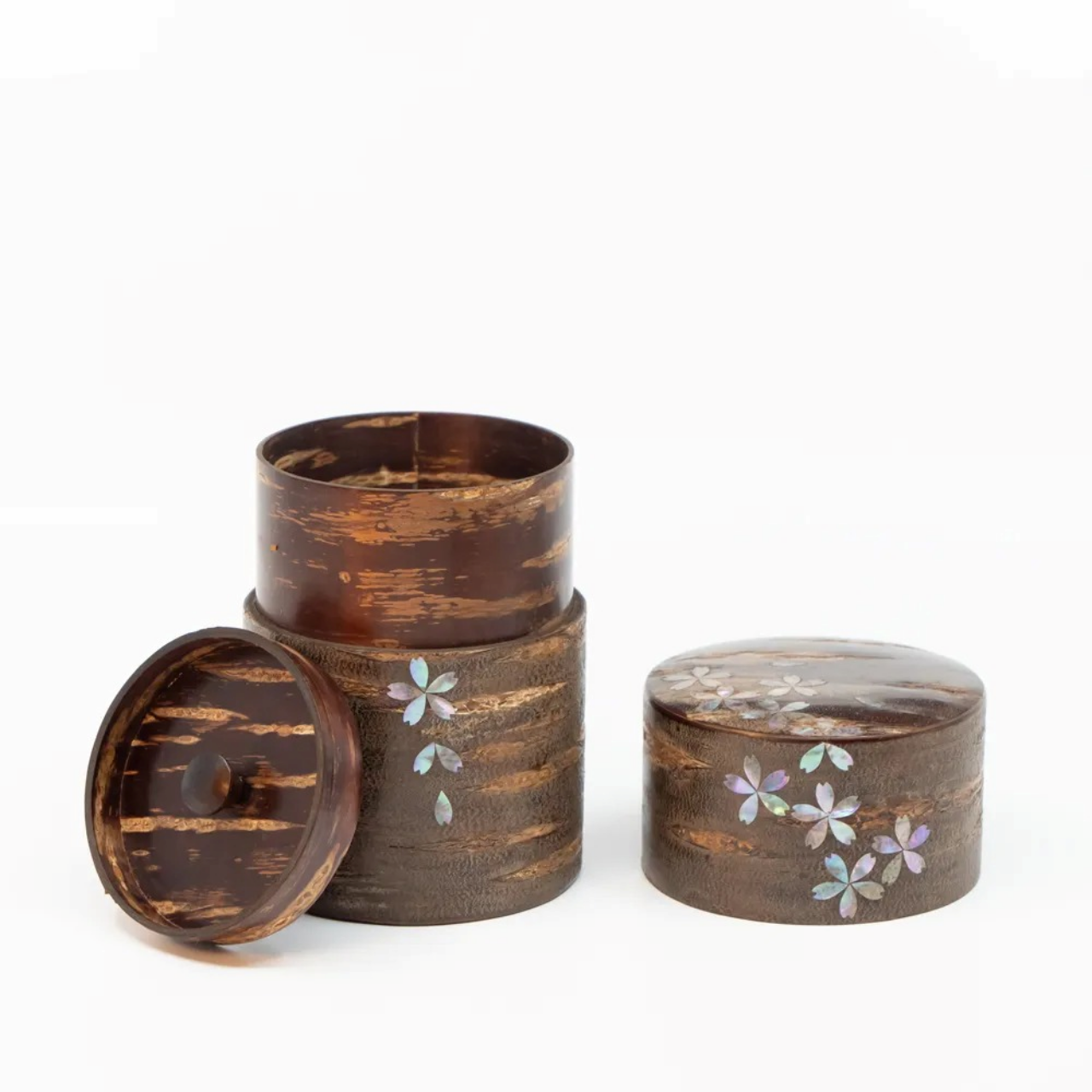 茶具 树皮茶叶罐 大 霜降樱皮 螺钿 樱吹雪 樱皮细工 木工艺品