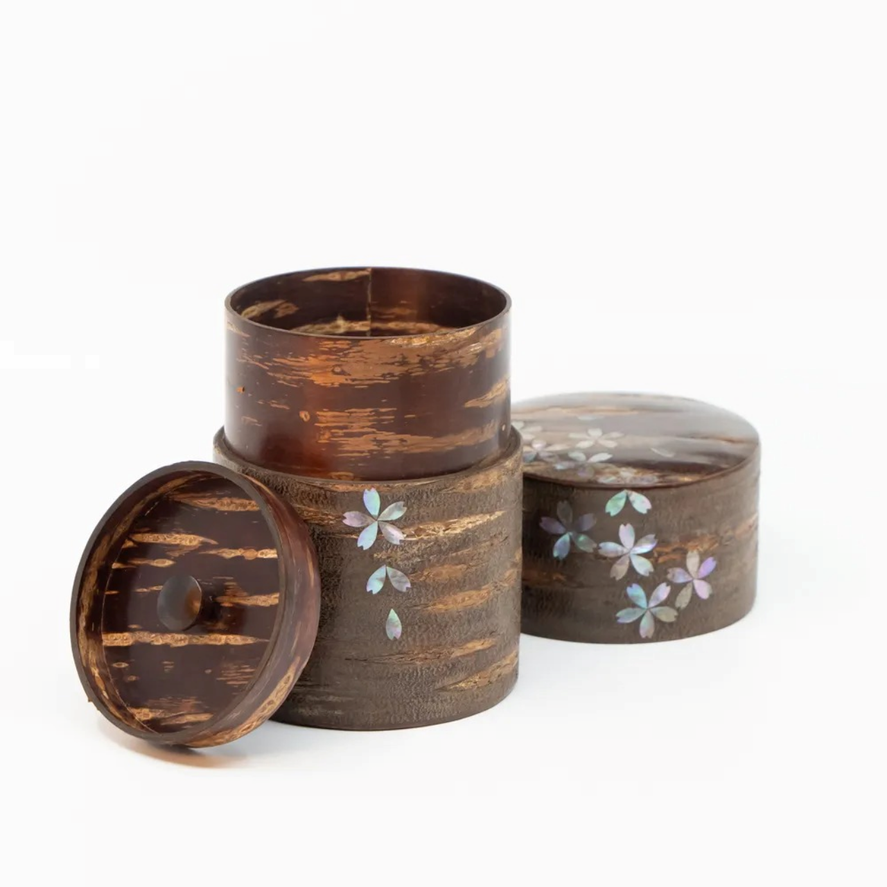 茶具 树皮茶叶罐 大 霜降樱皮 螺钿 樱吹雪 樱皮细工 木工艺品