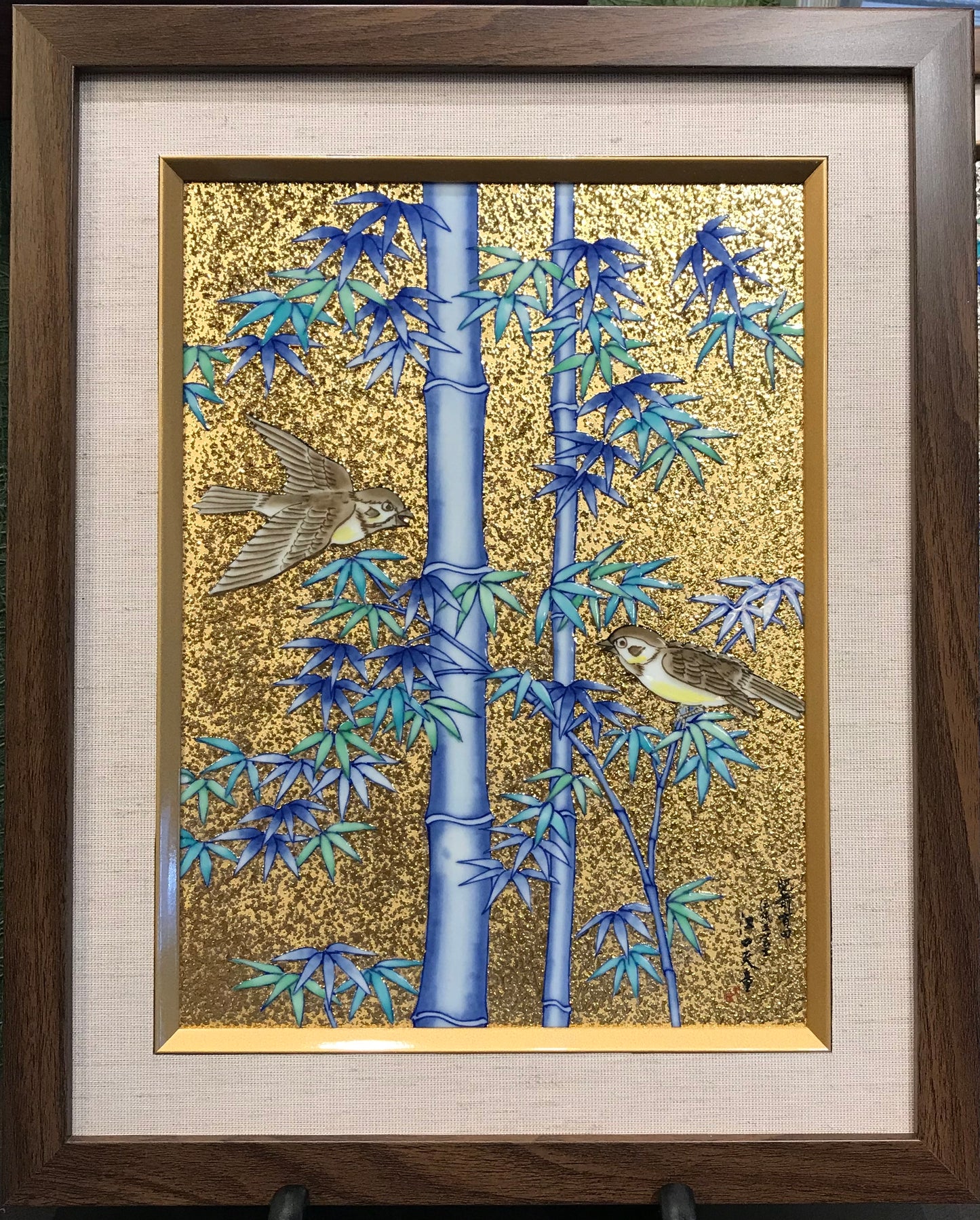 裝飾品 陶板畫 迷你 金彩竹雀圖 縱型 金龍窯 江口天童 有田燒 陶瓷器