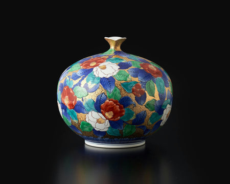 花器「花瓶 金彩椿絵」 金龍窯 江口天童 有田焼 陶磁器