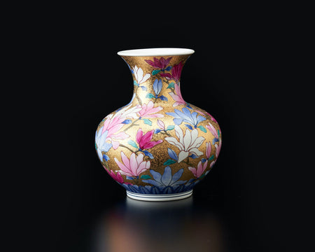 花器「花瓶 金彩木蓮図」 金龍窯 江口天童 有田焼 陶磁器