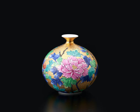 花器「ミニ花瓶 金彩牡丹図」 金龍窯 江口天童 有田焼 陶磁器
