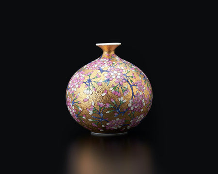 花器「ミニ花瓶 金彩桜花鳥図」 金龍窯 江口天童 有田焼 陶磁器