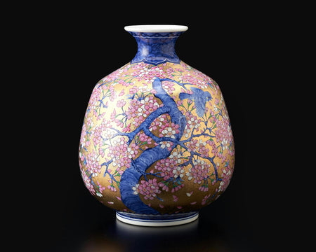 Flower vessel, Vase, Large size, Gold painting, Cherry blossom and bird - Kinryu-kiln, Tendo Eguchi, Arita ware, Ceramics