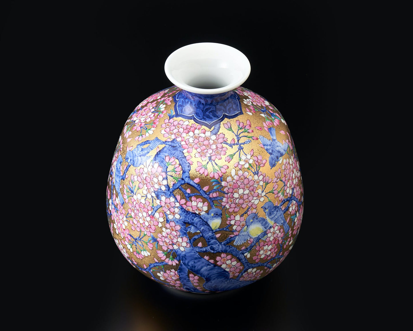 花器 花瓶 大 金彩櫻花鳥圖 金龍窯 江口天童 有田燒 陶瓷器