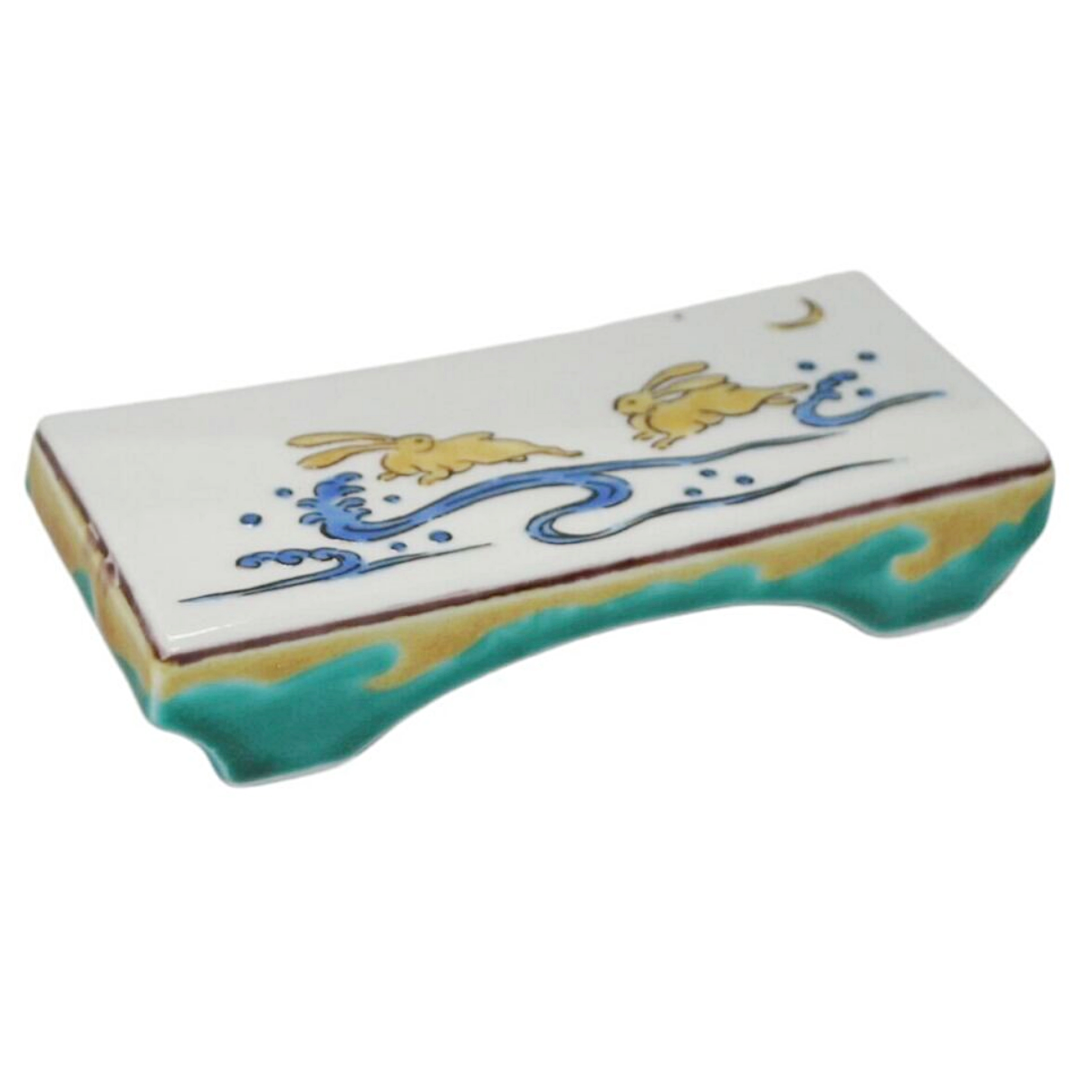書道用品 古九谷手 兔紋樣墨床 手繪 九谷美陶園 寺前瑛生 九谷燒 陶瓷器