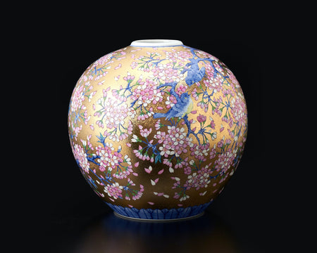 花器「丸花瓶 金彩桜花鳥図」 金龍窯 江口天童 有田焼 陶磁器