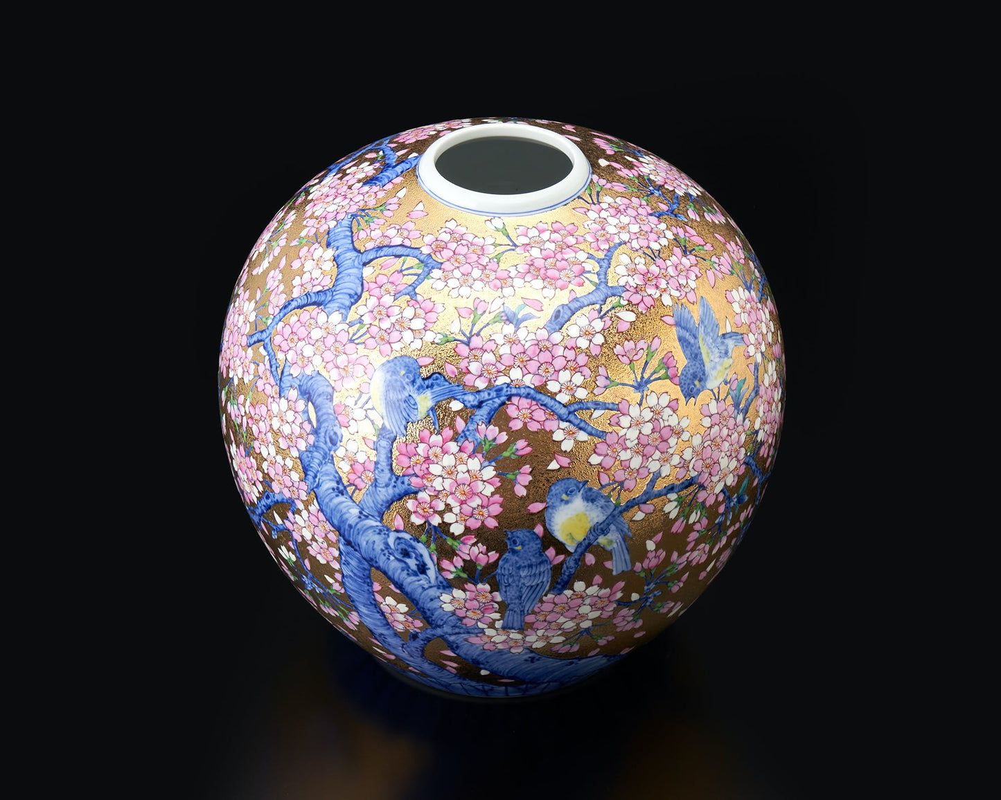 花器 圓形花瓶 金彩櫻花鳥圖 金龍窯 江口天童 有田燒 陶瓷器