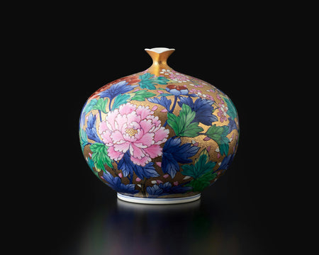 花器「花瓶 金彩牡丹図」 金龍窯 江口天童 有田焼 陶磁器