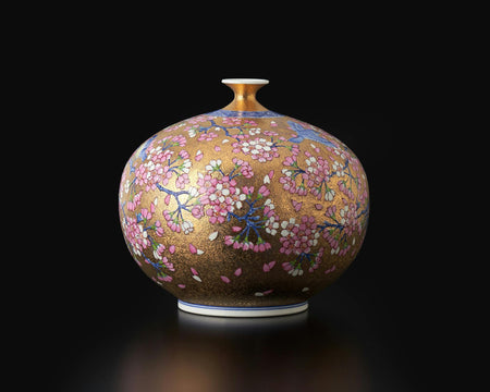 花器「花瓶 小 金彩桜花鳥図」 金龍窯 江口天童 有田焼 陶磁器