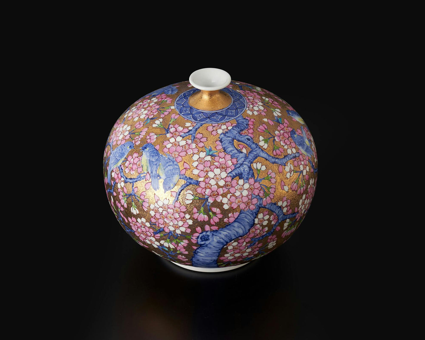 花器 花瓶 小 金彩櫻花鳥圖 金龍窯 江口天童 有田燒 陶瓷器