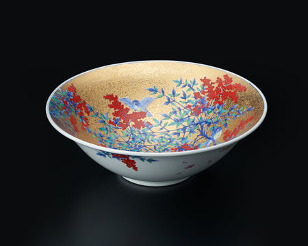 Ornament, Decorative bowl, Gold painting, Nandina and bird - Kinryu-kiln, Tendo Eguchi, Arita ware, Ceramics