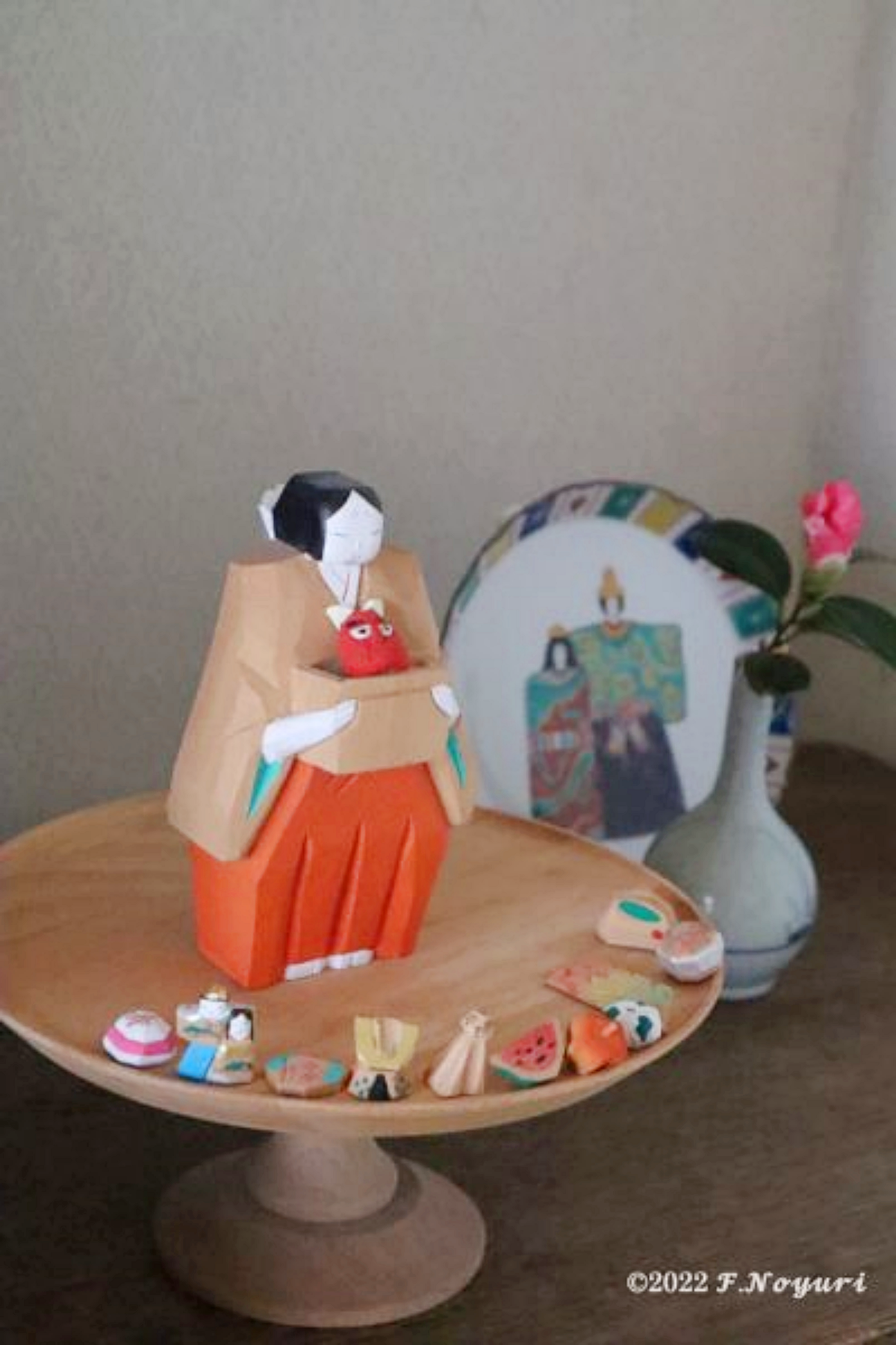 裝飾品 彩盤 雛人偶圖案五寸盤 手繪 附盤架 九穀美陶園 寺前瑛生 九穀燒 陶瓷器