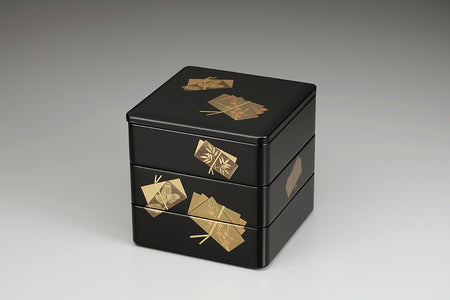 Tableware, Three-tiered food box, Tied paper, Black, inside vermillion, 6.5, Bento - Aizu lacquerware