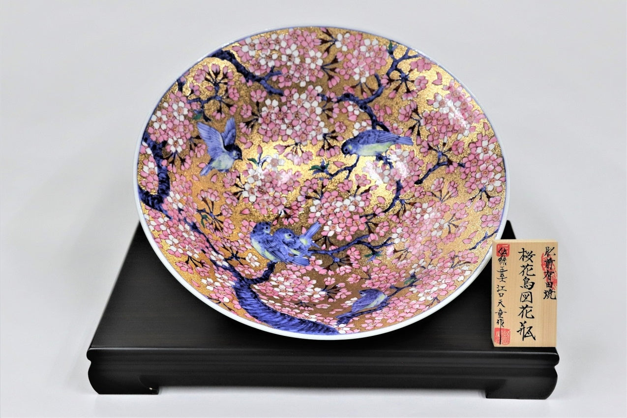 Ornament, Decorative bowl, Gold painting, Cherry blossom and bird, Large - Kinryu-kiln, Tendo Eguchi, Arita ware, Ceramics