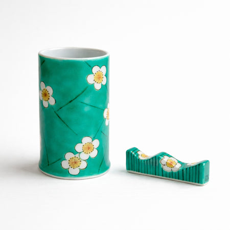 書道用品 「氷裂梅花文様筆筒 白梅文様筆架 セット 手描き」 九谷美陶園 寺前瑛生 九谷焼 陶磁器