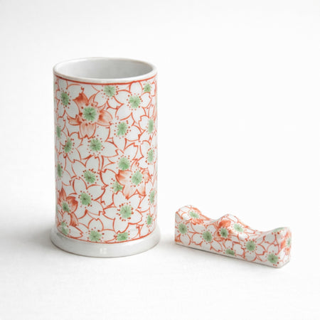 書道用品 「桜詰文様筆筒 桜文様筆架 セット 手描き」 九谷美陶園 寺前瑛生 九谷焼 陶磁器