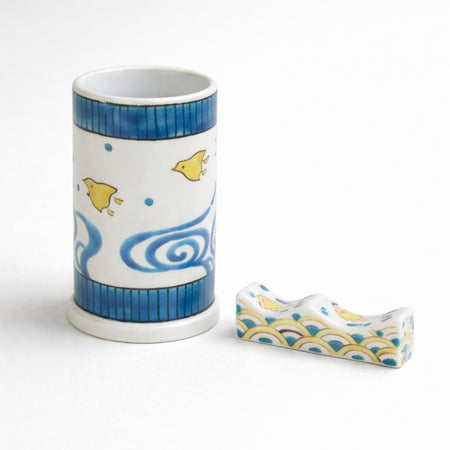 書道用品 「千鳥文様 筆筒 筆架 セット 手描き」 九谷美陶園 寺前瑛生 九谷焼 陶磁器