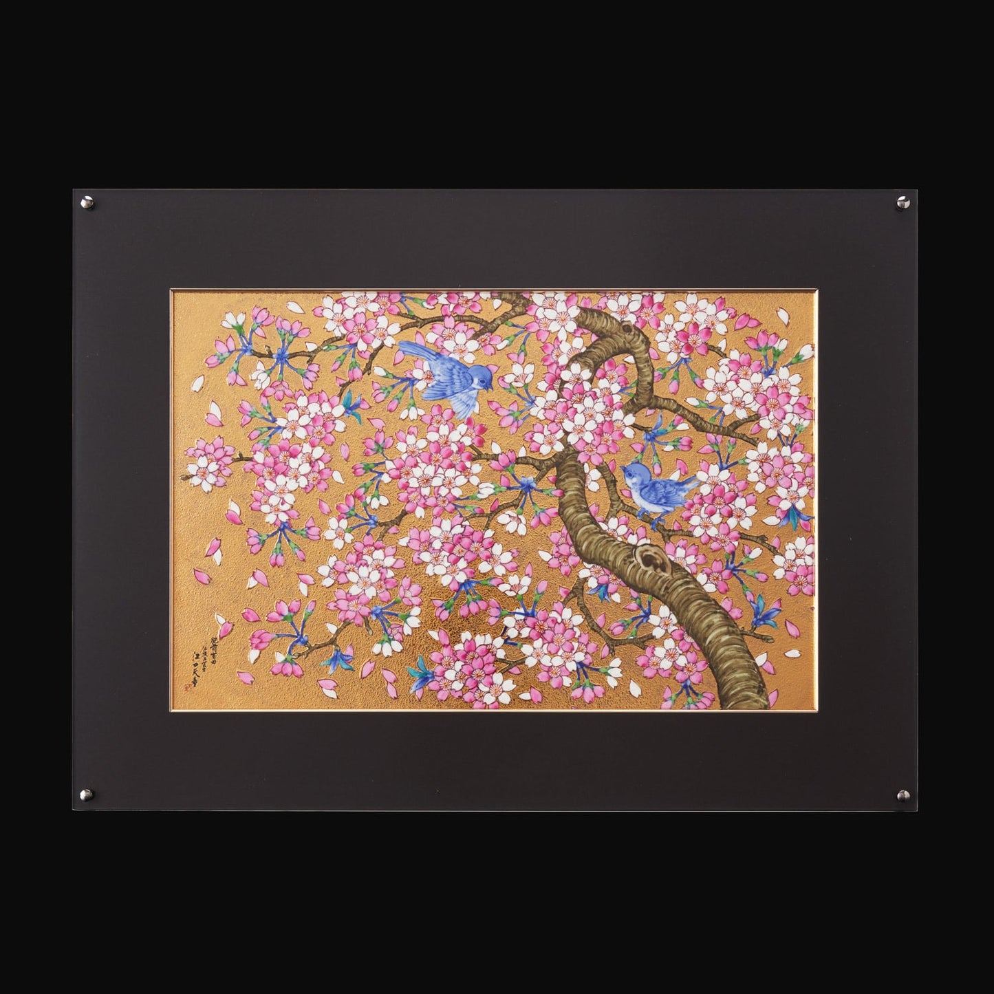 Ornament, Ceramic panel painting (Acrylic frame), Gold painting, Cherry blossom and bird - Kinryu-kiln, Tendo Eguchi, Arita ware, Ceramics