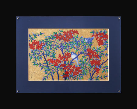 Ornament, Ceramic panel painting (Acrylic frame), Gold painting, Nandina and bird - Kinryu-kiln, Tendo Eguchi, Arita ware, Ceramics