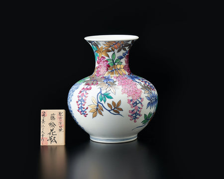 Flower vessel, Vase, White and color painting, Wisteria - Kinryu-kiln, Tendo Eguchi, Arita ware, Ceramics