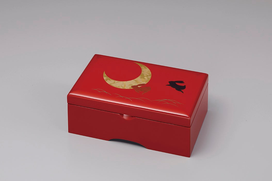 Box, Music box, Jewelry box, Rabbit on moon, Vermillion, 6.5 Square - Aizu lacquerware