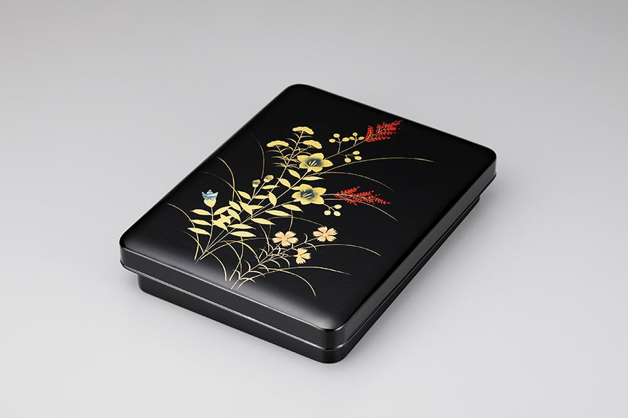 Box, Tamabuchi inkstone case, Autumn grass, Black, 6.5 - Calligraphy Aizu lacquerware