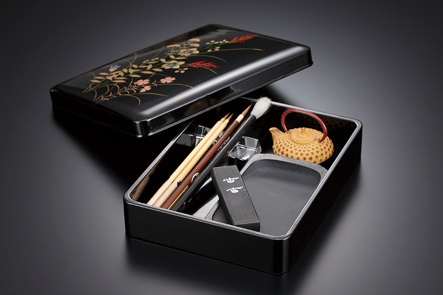 Box, Tamabuchi inkstone case, Autumn grass, Black, 6.5 - Calligraphy Aizu lacquerware