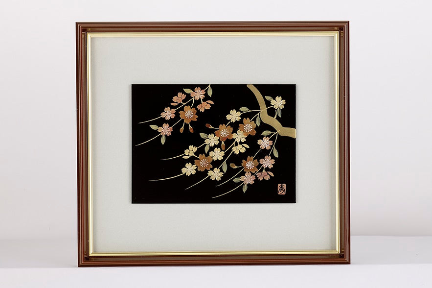 Ornament, Framed picture, Cherry blossom, Black, Small - Aizu lacquerware