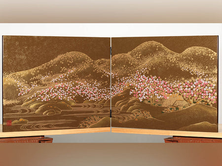 飾り 「屏風 4月 桜 茶」 会津塗 漆器