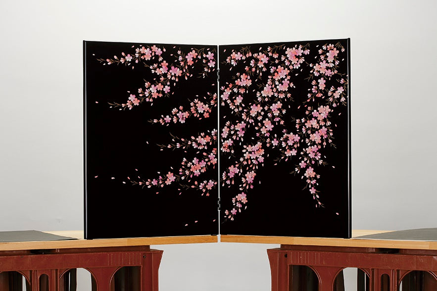 Ornament, Miyabi Folding screen, Full bloom, Black, Large - Aizu lacquerware