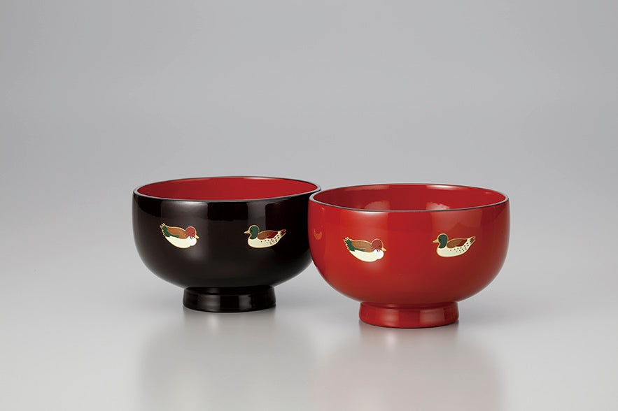 Tableware, Pair of soup bowls, Waterfowl, Transparent topcoat, Vermillion, 3.8 - Aizu lacquerware