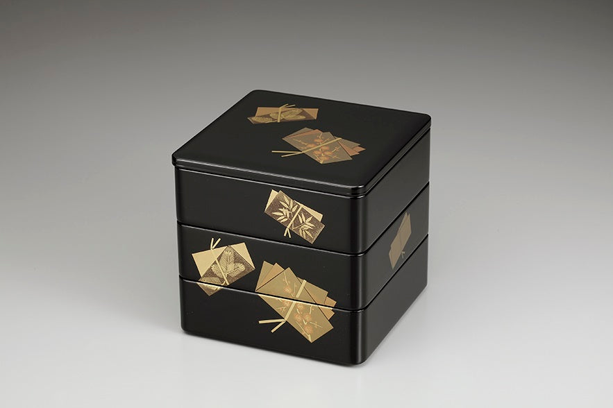 Tableware, Three-tiered food box, Tied paper, Black, inside vermillion, 6.5, Bento - Aizu lacquerware