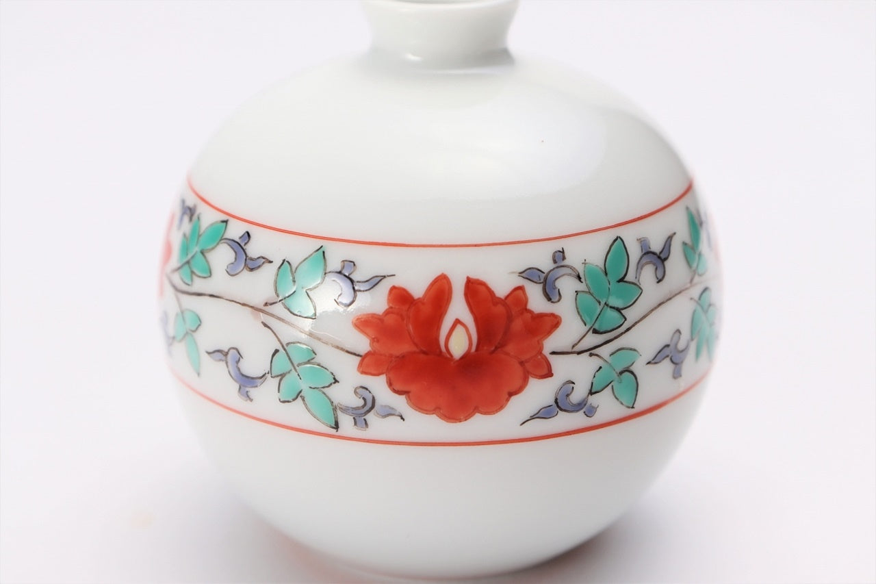 Flower vessel, Single flower vase, Round, Peony and arabesque - Kakiemon-kiln, Arita ware, Ceramics