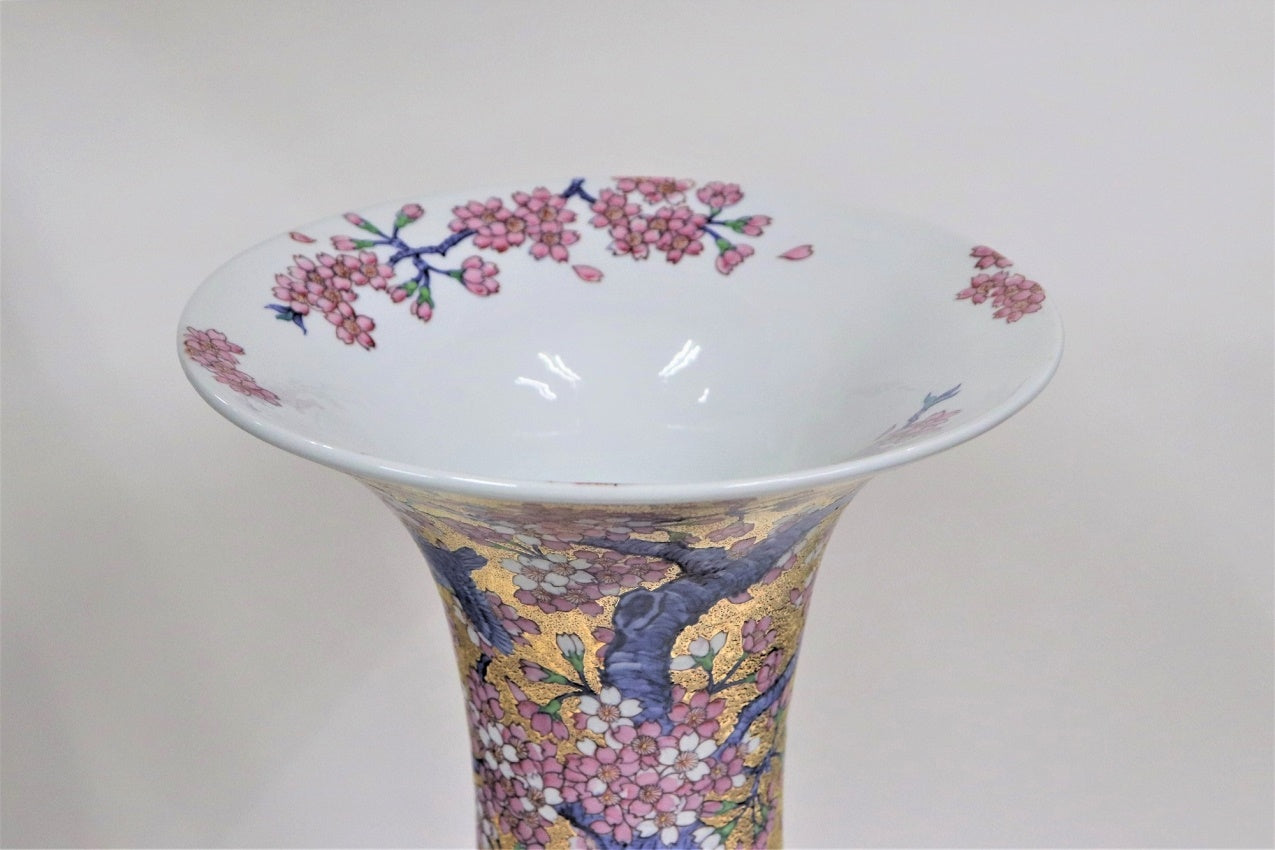 花器 「花瓶 金彩 桜花鳥 ラッパ口 大」 金龍窯 江口天童 有田焼 陶磁器