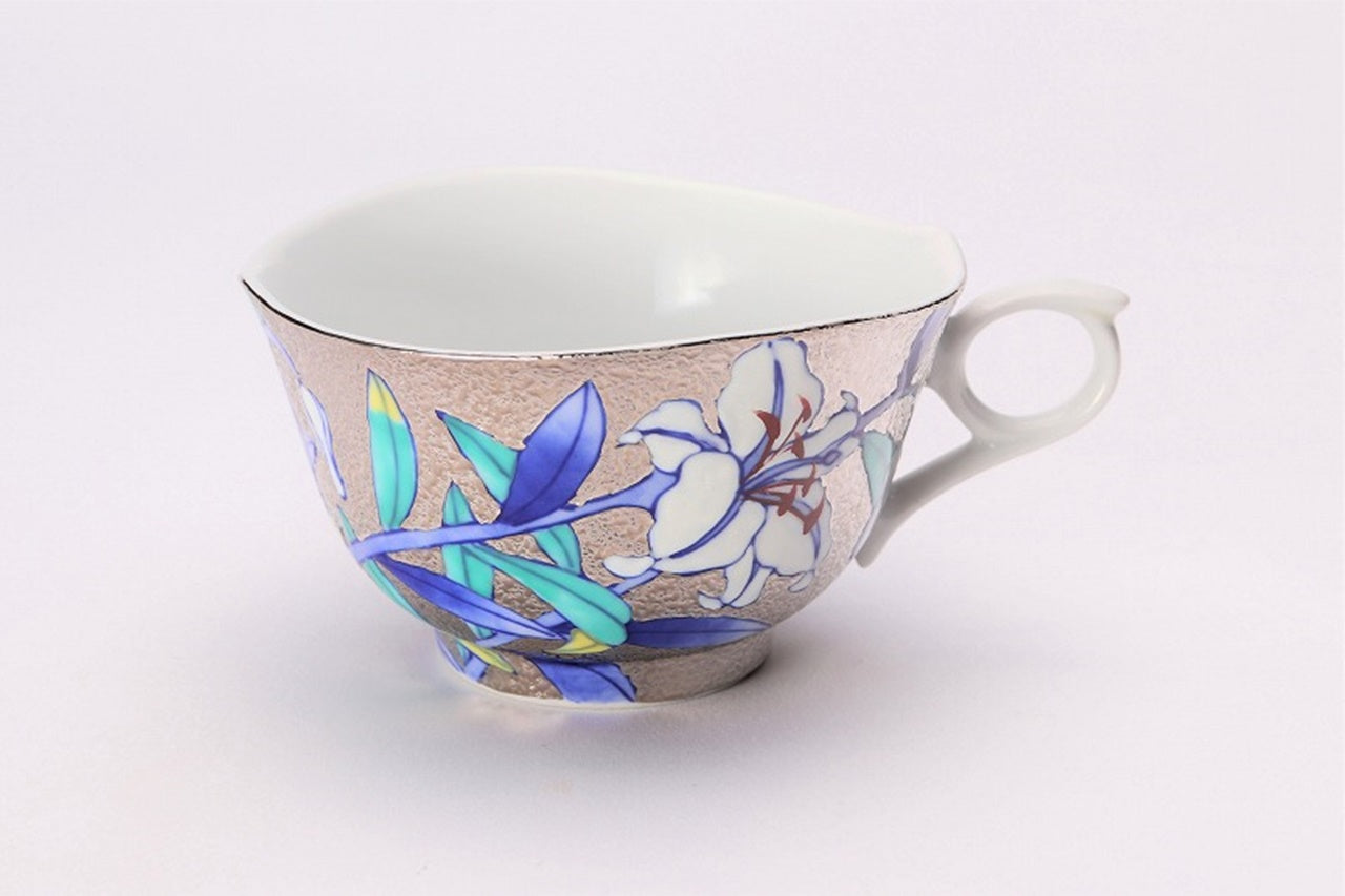 カフェ用品 「コーヒー碗 プラチナ 百合 木箱付」 金龍窯 江口天童 有田焼 陶磁器